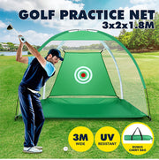 Man practicing swing with a 3x2x1.8M portable green golf practice net on a grass field.