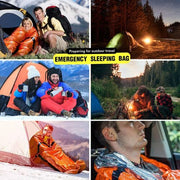 Collage showing an emergency sleeping bag used for camping, hiking, and outdoor travel.