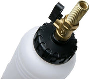 Brass valve attachment on a white plastic container for liquid dispensing.