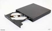 External slim black portable DVD drive with tray partially open on a white background.