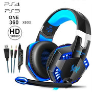 Gaming headset with blue LED lights, microphone, and multi-platform compatibility connectors.