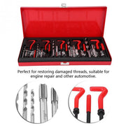 Professional thread repair kit with tap and die tools in a red storage case