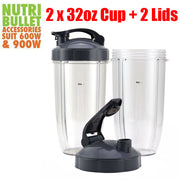 Two 32oz clear blender cups with black lids and one clear lid for Nutri Bullet accessories