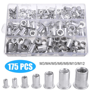 175 piece set of M3 to M12 threaded inserts for plastic in a plastic storage box