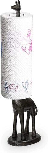 Black dog-shaped paper towel holder with a roll of patterned paper towels