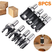 8-piece set of adjustable Forstner drill bits for woodworking with wood samples
