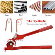 Red manual tube pipe bender tool for bending brass, steel, copper, and aluminum pipes.