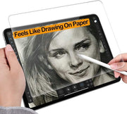 Paper-feel screen protector for tablet being used with a stylus for digital drawing.