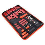 Red and black professional electronics repair tool kit in a portable carrying case.