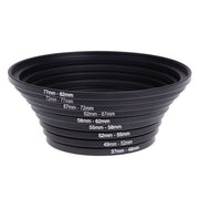 Set of black camera lens step-up and step-down adapter rings in various sizes