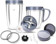 Personal blender set with two clear jars, blade assembly, and various accessories.