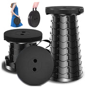 Collapsible portable black stool with carrying strap and folded view