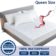 Queen size 100% waterproof mattress protector with red liquid spill demonstration.