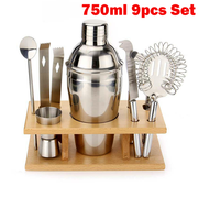 750ml 9-piece stainless steel cocktail shaker set with wooden organizer stand