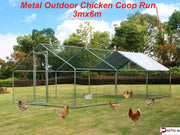 Metal outdoor chicken coop run 3mx6m with chickens in a grassy backyard setting