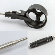 Adjustable black metal bicycle or scooter handlebar stem and silver metal tube component.