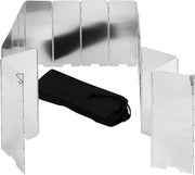 Foldable silver windbreak shield with black carrying bag for outdoor camping.