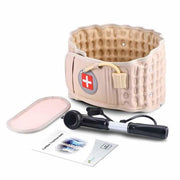 Lumbar traction belt with air pump and manual hand pump for back pain relief.