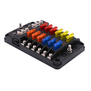 12-way 12V DC power distribution block with colored fuse holders
