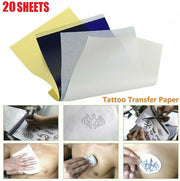 Set of 20 tattoo transfer paper sheets showing application process on skin