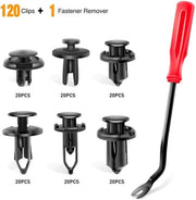 Set of 120 automotive plastic clips and fastener remover tool for car interior repairs.