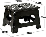 Black portable folding step stool with non-slip surface and dimensions.