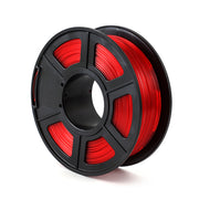 Spool of red 3D printer filament in a black plastic reel