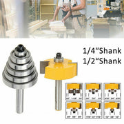 Yellow woodworking router bit set with 1/4 and 1/2 inch shanks for various diameters.