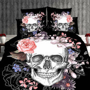 Black bedding set featuring large skull print with pink and purple floral patterns