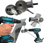 Drill attachment for cutting and grinding metal using a handheld power tool.