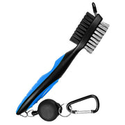 Blue and black dual-bristle cleaning brush with a carabiner clip for electronics and gear.