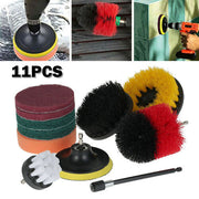 11-piece electric drill brush attachment set for cleaning and polishing surfaces.