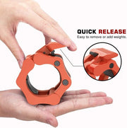 Hands demonstrating the quick release mechanism of an orange adjustable ankle weight strap.
