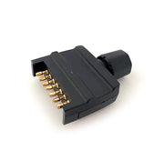 Black electronic connector component with gold-plated pins on a white background