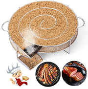Spiral mesh grill basket for roasting vegetables and meat with food examples