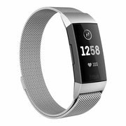 Fitbit fitness tracker with a silver mesh metal strap showing heart rate and step count