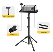 Projector tripod stand with mobile phone holder, non-slip mat, and elastic belts.