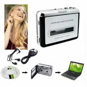 USB cassette player converter kit with headphones, CD, and laptop for digital audio capture.