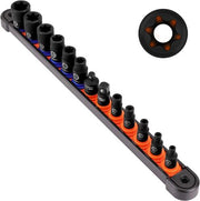 Professional socket set organizer rail with black sockets and orange accents.