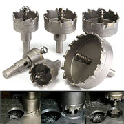 Set of heavy-duty metal hole saw cutters for drilling industrial materials.