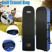 Black and blue PGM golf travel bag with wheels and accessory compartments.