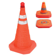 Orange traffic cone with reflective stripes and a red flashing warning light.