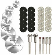 Rotary tool accessory kit with HSS cutting wheels, sanding discs, and grinding bits.