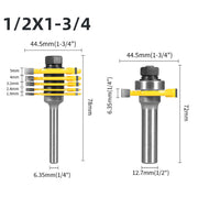 Technical diagram of a 1/4 inch shank router cutter bit with multiple blade sizes.