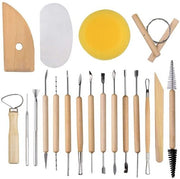Professional pottery sculpting tools kit with wooden handles and various shaping implements.
