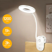 Rechargeable white LED clip-on reading lamp with 1200mAh battery and adjustable flexible neck.