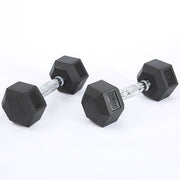 Pair of 7.5kg hexagonal rubber coated dumbbells for strength training.