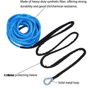 Blue heavy-duty synthetic fiber rope with black protecting sleeve and solid metal loop.