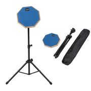 Blue octagonal percussion practice pad on a black tripod stand with a carrying bag.