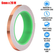 6mm x 20m copper foil tape with conductive adhesive for EMI shielding and slug repellent.